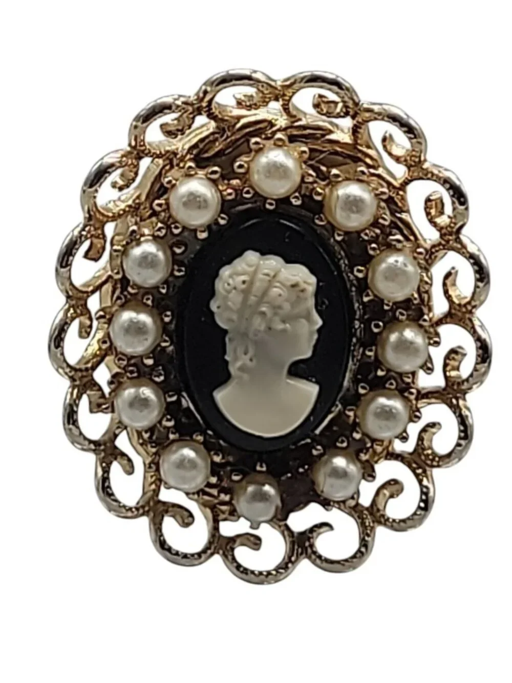 Coro Cameo Brooch Faux Resin  Gold Tone Open Work Frame Faux Pearl Black White